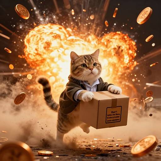 Photograph-style digital illustration of a determined tabby cat in a suit, carrying a box while running through a fiery explosion, with coins flying around.