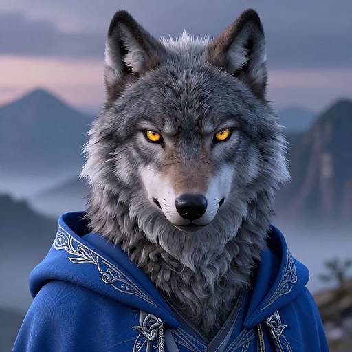 Digital artwork of a fierce, anthropomorphic wolf with glowing yellow eyes, wearing a blue, intricately embroidered hooded cloak, against a misty mountain