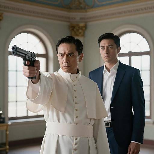 Priest Aiming Gun in Ornate Sanctuary