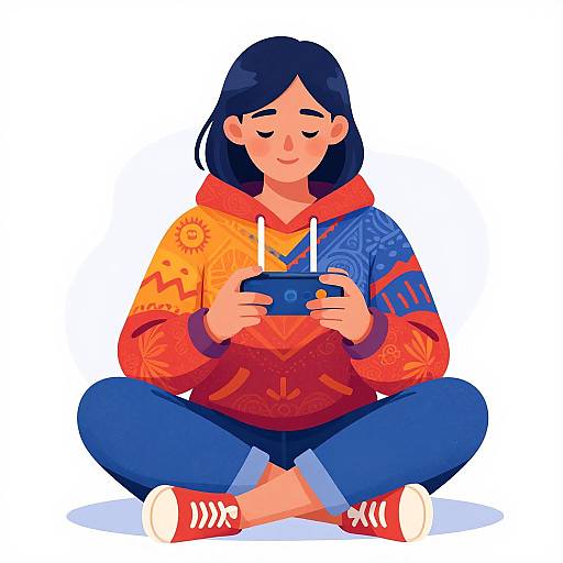 Digital illustration of a smiling girl with black hair, wearing a colorful, patterned hoodie and blue jeans, sitting cross-legged while playing a handheld gaming console