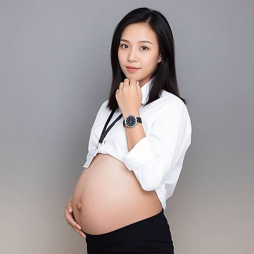 Photograph of a pregnant Asian woman with long black hair, wearing a white blouse, black skirt, and watch, standing against a gray background, hand
