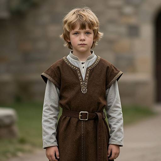 Photograph of a young boy with blonde hair, blue eyes, wearing a brown medieval-style tunic over a gray shirt, standing in front of a