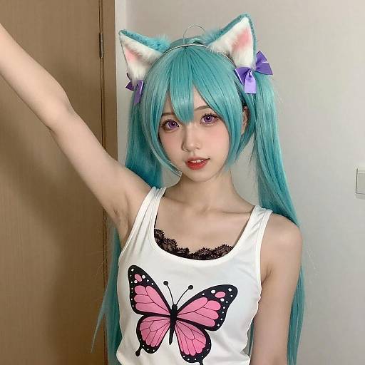 Young Woman with Turquoise Hair and Cat Ears