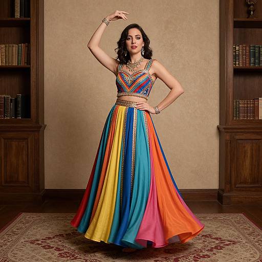 Photograph of a dark-haired woman in a colorful, sleeveless, embroidered top and flowing, rainbow-striped skirt, posing elegantly in a library with
