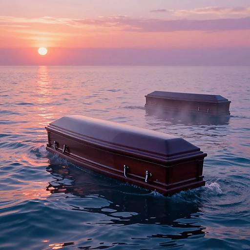 Photograph of two dark wooden coffins floating on calm ocean water at sunset, with pink and orange hues reflecting on the water's surface.