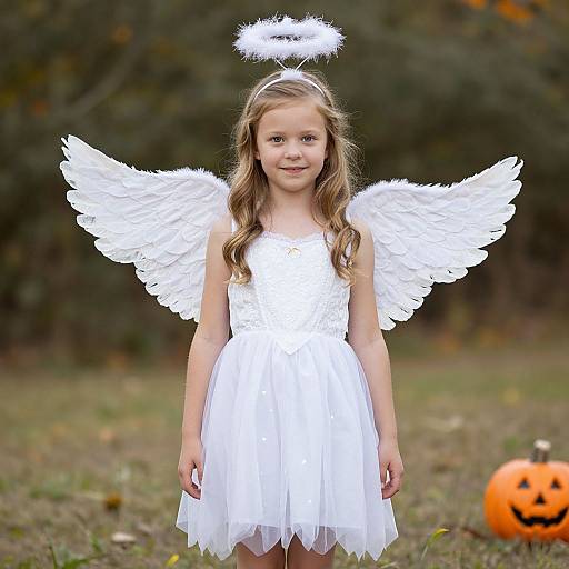 Photograph of a young blonde girl with white angel wings, halo, and dress, standing outdoors with a carved pumpkin in the background.
