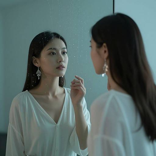 Photograph of an East Asian woman with long black hair, wearing a white, sheer blouse, looking at her reflection in a fogged glass, illuminated