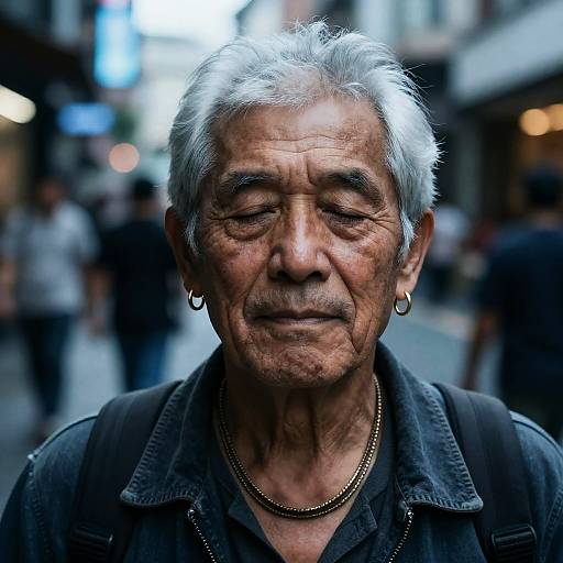 Serene Silver-Haired Man in Urban Night