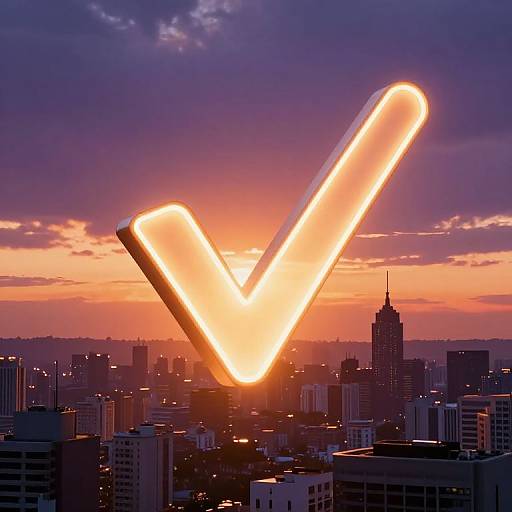 Giant Glowing Checkmark Over Cityscape
