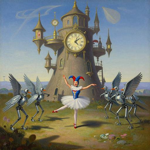 Digital painting of a ballerina with blue and red jester hat, white tutu, and red shoes, dancing in front of a clock tower
