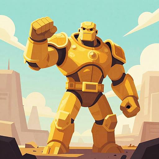 Giant Armored Amber Golem in Alien Landscape