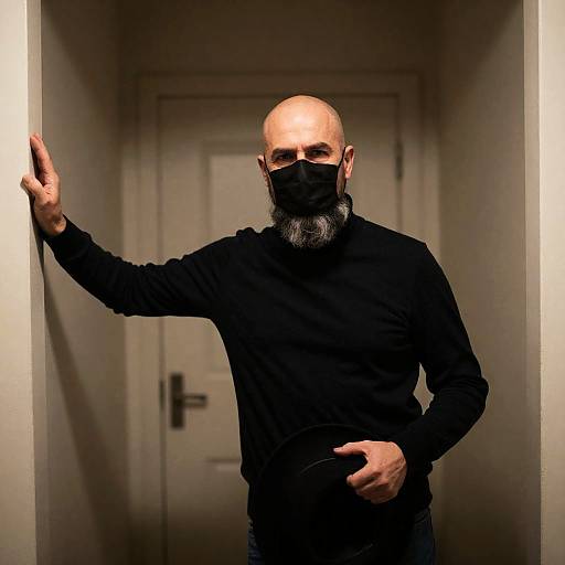 Mysterious Man in Dimly Lit Hallway