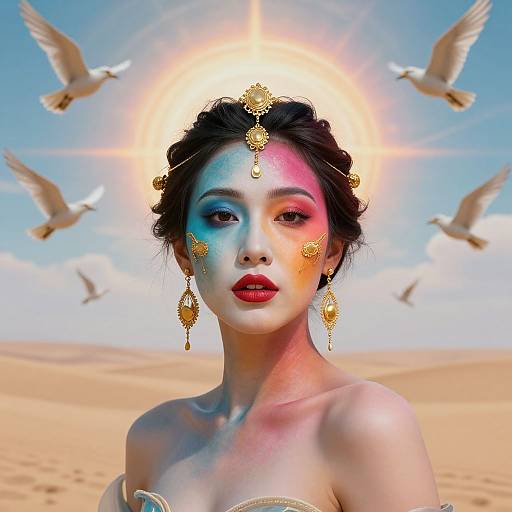Digital artwork of a woman with multi-colored face paint, red lips, gold headpiece, and earrings, surrounded by white birds in a desert under a