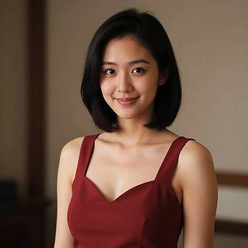 Photograph of an Asian woman with straight black shoulder-length hair, wearing a sleeveless red dress, smiling softly against a blurred indoor background.