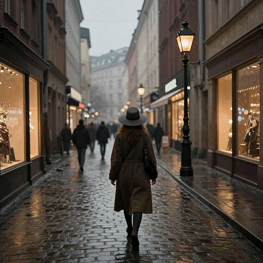 Photograph of a lone woman in a brown coat and white hat walking down a wet, cobblestone street in a dimly lit, European city