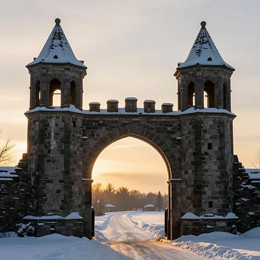 Photograph of a snow-covered, stone, arched gate with two turrets, backlit by a golden sunset, leading to a snowy path.