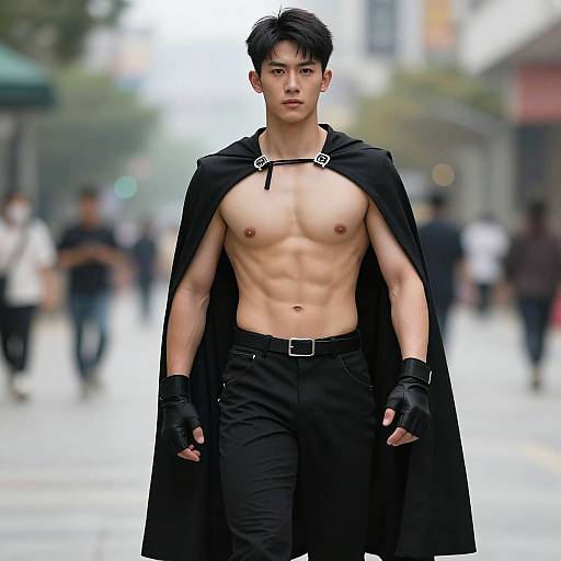 Photorealistic digital artwork of an Asian, shirtless male superhero with a muscular build, black cape, gloves, and black pants, walking confidently on