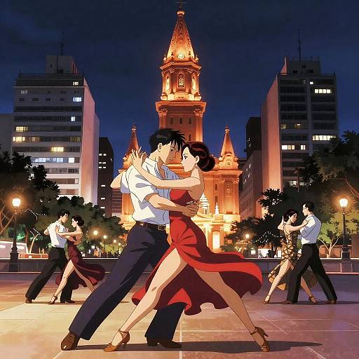 Anime-style digital drawing of a couple dancing tango in front of a brightly lit city square with a tall, illuminated clock tower at night. Other dancers
