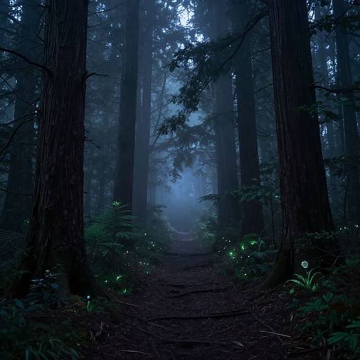 Photograph of a mystical, blue-lit forest path with tall, dark trees, glowing green fireflies, and dense fog at the end.