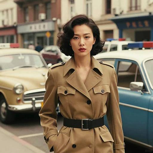 Vintage Asian Woman in Military Coat on City Street