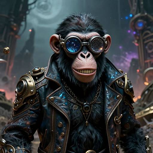 Digital artwork of a black-furred, humanoid gorilla with steampunk goggles and leather jacket, set in a futuristic, industrial sci-fi background.