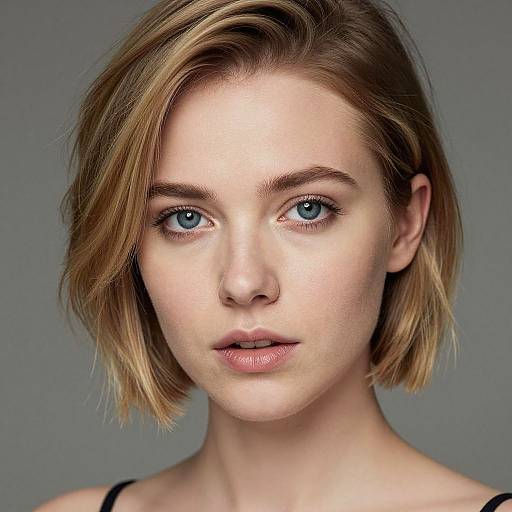 Photograph of a young Caucasian woman with short, blonde, side-swept hair, blue eyes, fair skin, and minimal makeup, against a