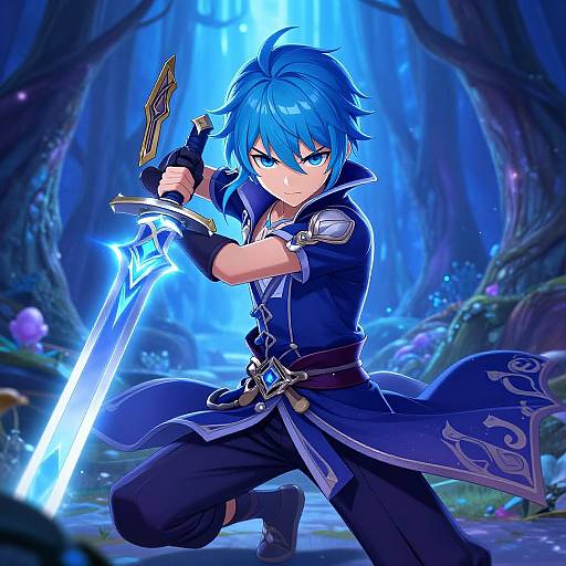 Anime-style digital artwork of a blue-haired, blue-eyed warrior in a dark blue outfit, kneeling and holding a glowing blue sword in a mystical, blue
