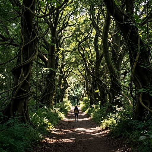 Photograph of a lone figure walking down a sunlit forest path, surrounded by dense, towering trees with twisted trunks and vibrant green foliage.