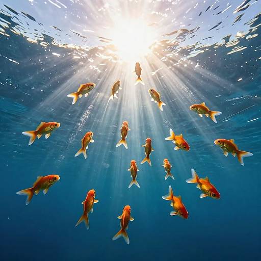 Photograph of vibrant orange and gold koi fish swimming underwater, illuminated by sunlight rays penetrating the clear, blue water.