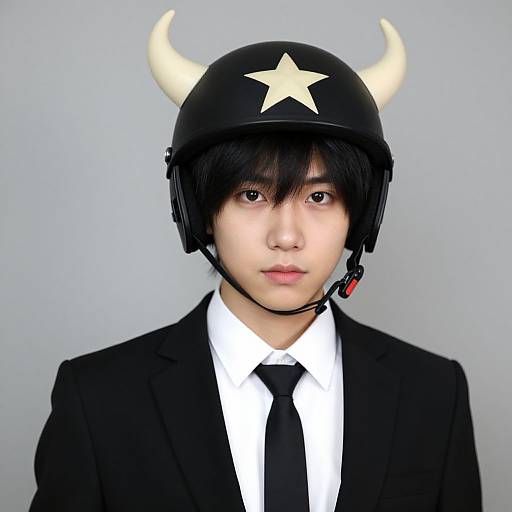 Photograph of an Asian man with fair skin, wearing a black suit, white shirt, black tie, and black helmet with horns and star, against