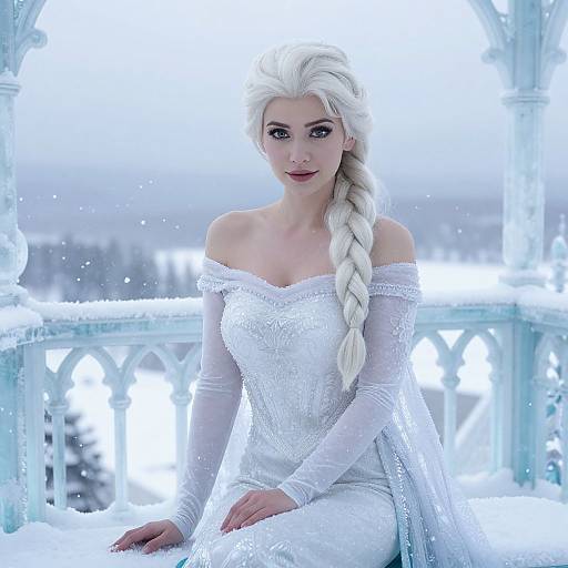 Photograph of a blonde woman with a long braid, wearing an off-shoulder, glittering white dress, sitting on a snow-covered balcony