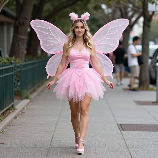 Photograph of a blonde woman in a pink tutu dress, translucent fairy wings, and pink headband, walking on a city sidewalk.