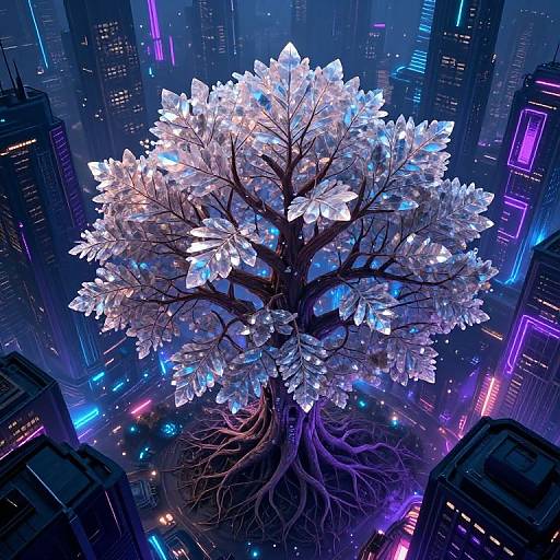 Digital artwork of a glowing, crystalline tree with white, luminescent leaves in a neon-lit, futuristic cityscape at night.