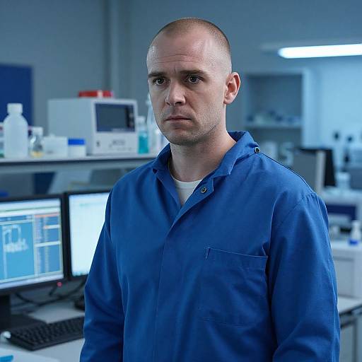 Photograph of a serious, bald Caucasian man in a blue button-up shirt standing in a blue-lit, cluttered laboratory. Monitors and lab