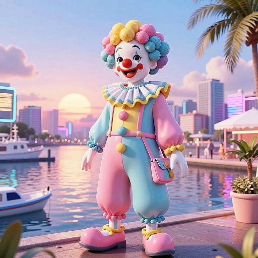 Pastel Vaporwave Clown at Neon Harbor