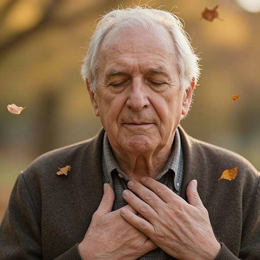 Photograph of an elderly white man with white hair, closed eyes, and wrinkled face, hands clasped in front, wearing a dark sweater and