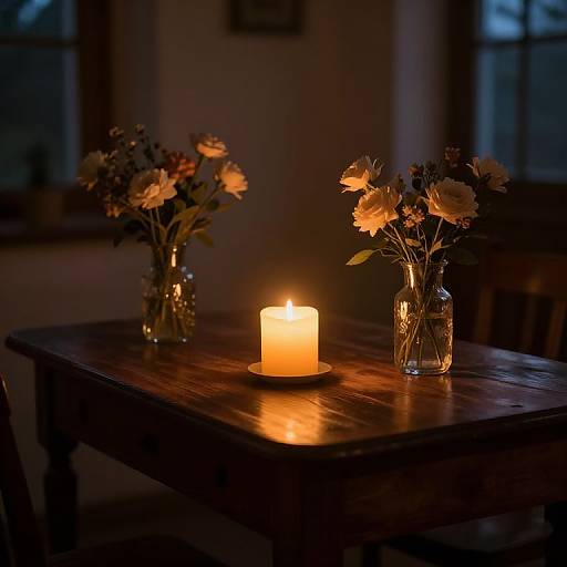 Photograph of a dimly lit wooden table with a glowing candle, two glass vases of flowers, and soft shadows in a cozy room.
