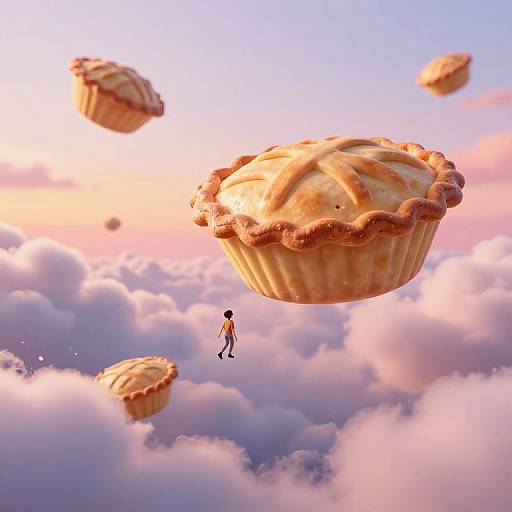 Photorealistic CGI: A small person with dark hair and orange shirt floats among giant, golden-brown, crumbly apple pies above fluffy,