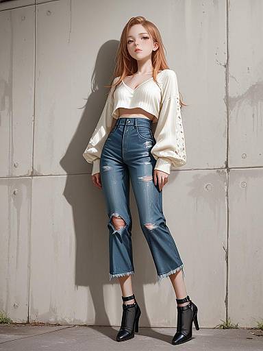Photograph of a slender, fair-skinned woman with long red hair, wearing a white crop top, high-waisted, ripped blue jeans,