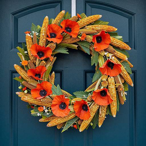 Vibrant wreath of orange-red poppies and yellow corn on a black door, contrasting bright colors with dark background. Photographic style.
