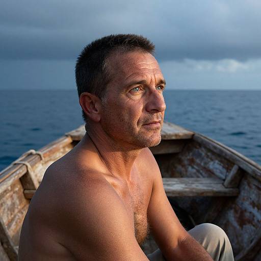 Photograph of a shirtless, middle-aged man with short, dark hair and blue eyes, seated in a wooden boat on a calm ocean under a