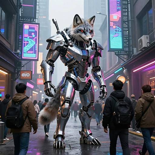 Cyborg Arctic Fox in Cyberpunk Alley