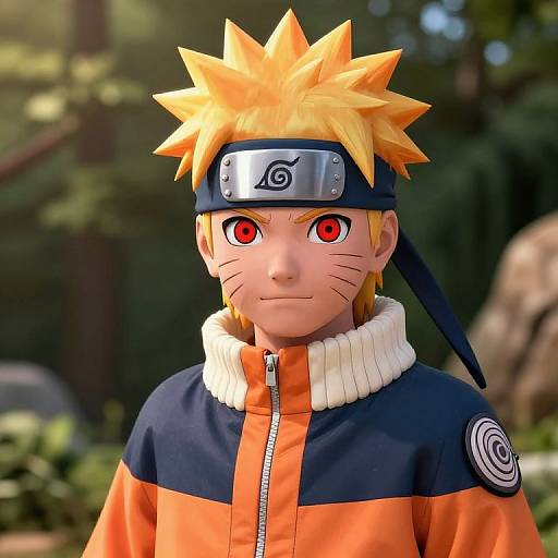 Photorealistic CGI of Naruto Uzumaki, anime character with spiky orange hair, red eyes, and whisker marks, wearing an orange and