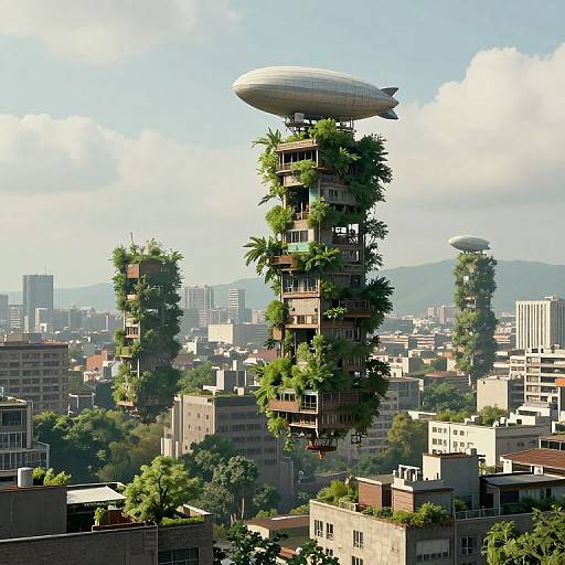Photorealistic CGI image of a futuristic cityscape with tall, vertical buildings covered in lush greenery, topped with airships, against a bright blue