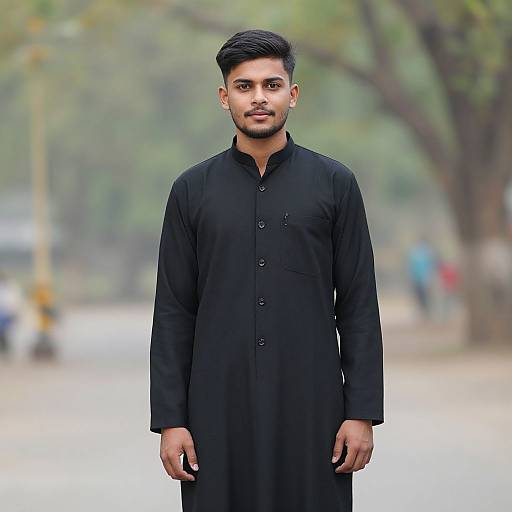 Photograph of a young South Asian man with short black hair, trimmed beard, and medium skin tone, wearing a long black traditional kurta, standing