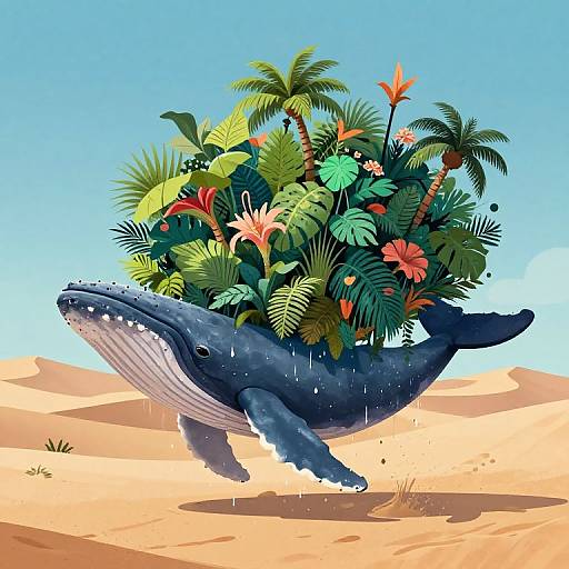 Digital illustration of a blue whale swimming in a desert, with a lush, tropical plant island on its back, under a clear blue sky.