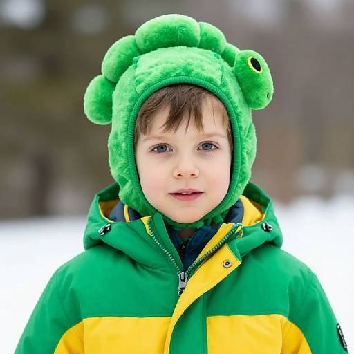 Boy in Winter Coat with Caterpillar Hat