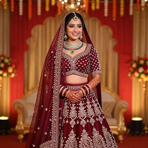 Photograph of a smiling South Asian bride in a maroon, gold-embroidered traditional outfit with a veil, standing in a lavish, red