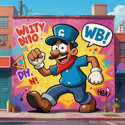 Colorful cartoon of a cheerful, mustachioed Mario-style character shouting 