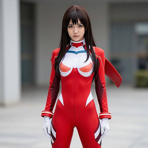 Photorealistic CGI of an Asian woman with long black hair, wearing a red and white form-fitting bodysuit with a star pattern, white